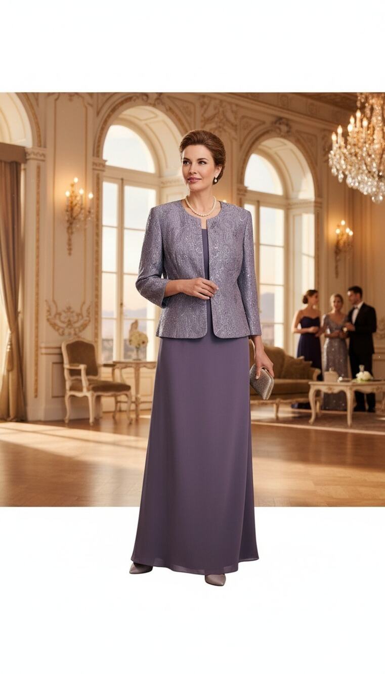 R&M Richards 2PC Evening Gown Women’s Sz 12 Lavender Beaded Jacket Mother Bride